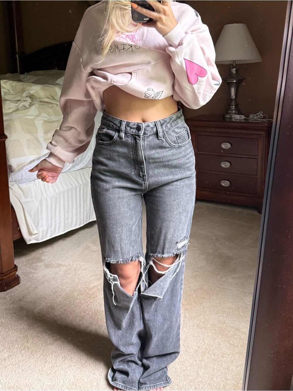 PacSun High-Rise Distressed Gray Wide-Leg Jeans